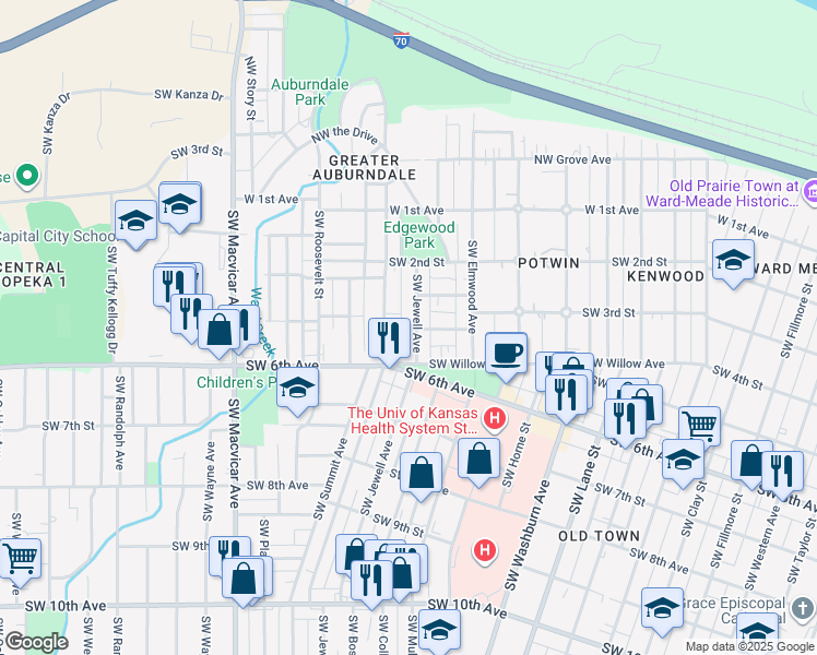 map of restaurants, bars, coffee shops, grocery stores, and more near 402 SW Lindenwood Ave in Topeka