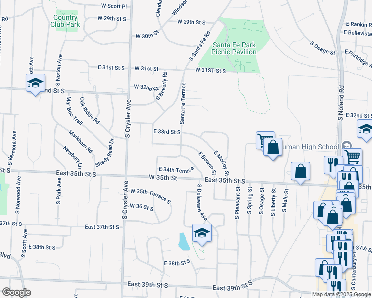 map of restaurants, bars, coffee shops, grocery stores, and more near 12603 East Bowen Street in Independence
