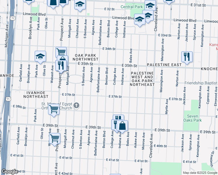map of restaurants, bars, coffee shops, grocery stores, and more near 3615 Benton Boulevard in Kansas City