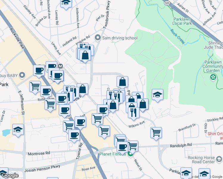 map of restaurants, bars, coffee shops, grocery stores, and more near 12347 Carroll Avenue in Rockville