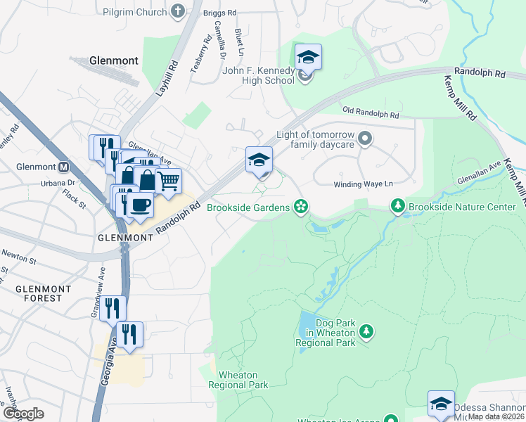 map of restaurants, bars, coffee shops, grocery stores, and more near 1932 Wallace Avenue in Silver Spring
