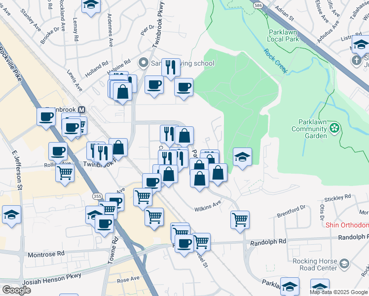 map of restaurants, bars, coffee shops, grocery stores, and more near 12358 Parklawn Drive in North Bethesda