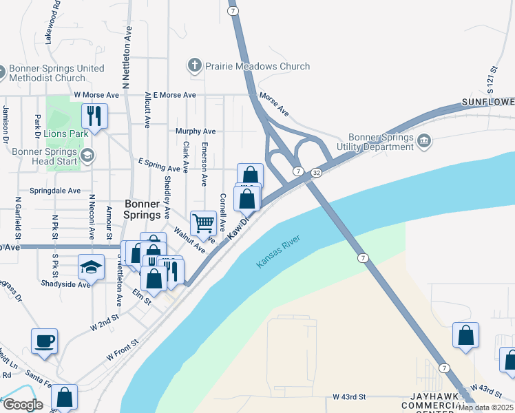 map of restaurants, bars, coffee shops, grocery stores, and more near Kaw Valley Scenic Highway in Bonner Springs