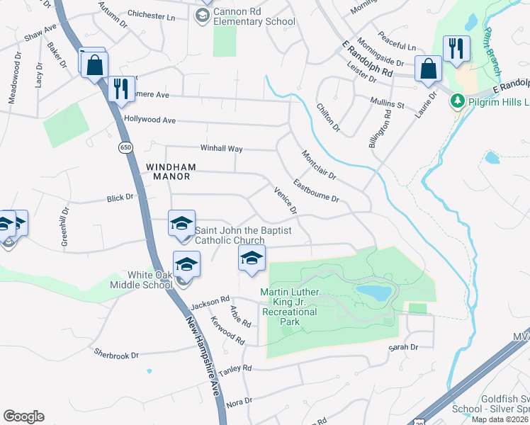 map of restaurants, bars, coffee shops, grocery stores, and more near 1000 Downs Drive in Silver Spring