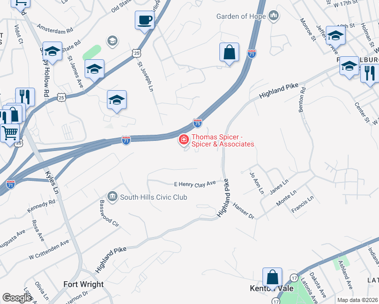 map of restaurants, bars, coffee shops, grocery stores, and more near 1046 Emery Drive in Fort Wright