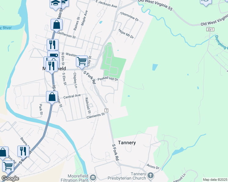 map of restaurants, bars, coffee shops, grocery stores, and more near 174 Mountain View Drive in Moorefield