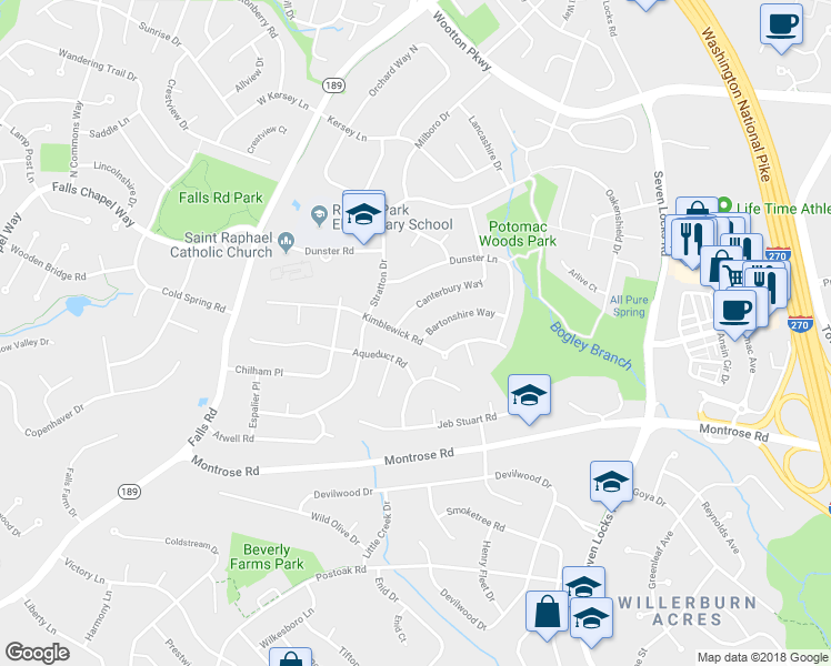 map of restaurants, bars, coffee shops, grocery stores, and more near 1386 Kimblewick Road in Rockville