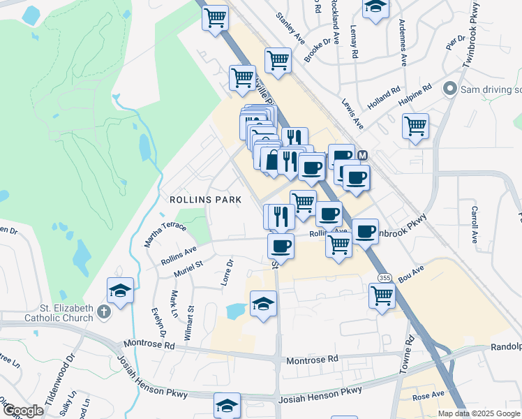 map of restaurants, bars, coffee shops, grocery stores, and more near 1645 East Jefferson Street in Rockville