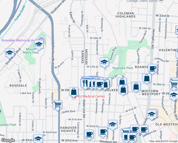 map of restaurants, bars, coffee shops, grocery stores, and more near 3716 Bell Street in Kansas City