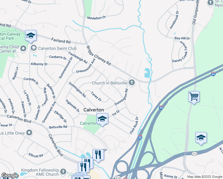 map of restaurants, bars, coffee shops, grocery stores, and more near 13103 Wellford Drive in Beltsville