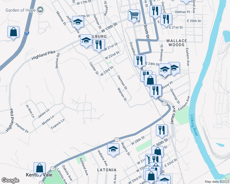 map of restaurants, bars, coffee shops, grocery stores, and more near 2430 Wood Street in Covington
