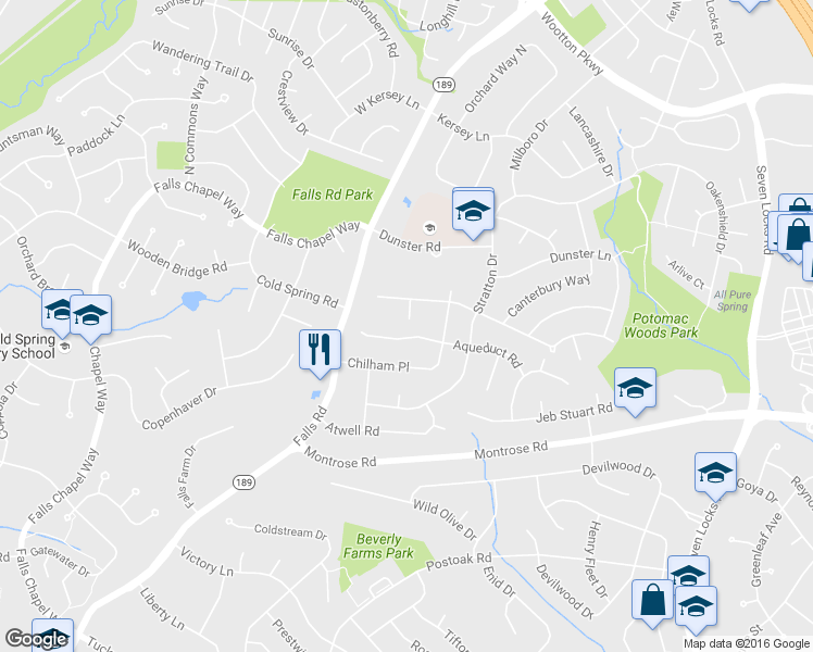 map of restaurants, bars, coffee shops, grocery stores, and more near 8509 Aqueduct Road in Potomac
