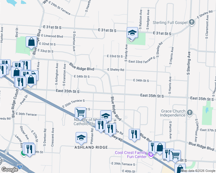 map of restaurants, bars, coffee shops, grocery stores, and more near 3409 South Cedar Avenue in Independence