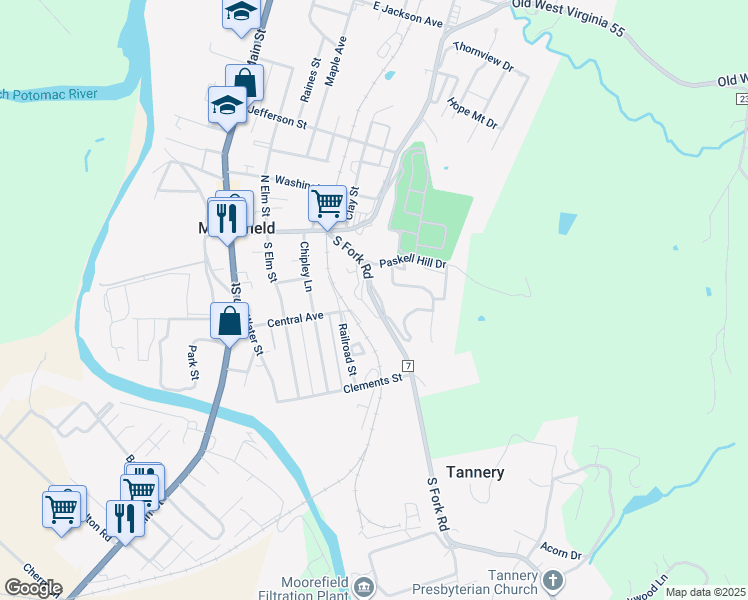 map of restaurants, bars, coffee shops, grocery stores, and more near 114 Paskell Hill Drive in Moorefield