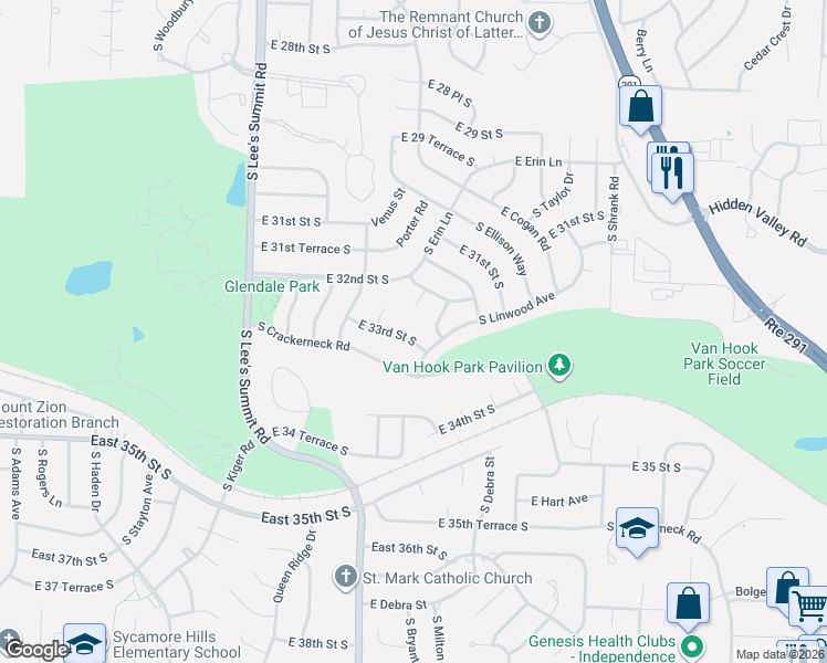 map of restaurants, bars, coffee shops, grocery stores, and more near 3216 Vest Street in Independence