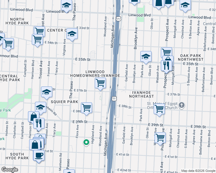 map of restaurants, bars, coffee shops, grocery stores, and more near 3630 Michigan Avenue in Kansas City