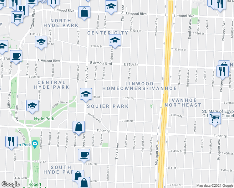 map of restaurants, bars, coffee shops, grocery stores, and more near 3636 The Paseo in Kansas City