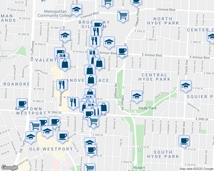 map of restaurants, bars, coffee shops, grocery stores, and more near 3702 East 37th Street in Kansas City