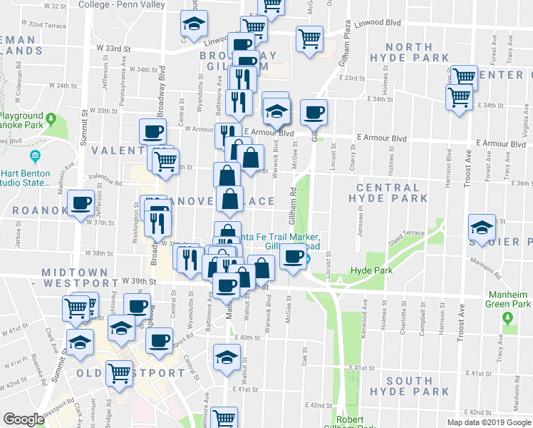 map of restaurants, bars, coffee shops, grocery stores, and more near 3702 East 37th Street in Kansas City