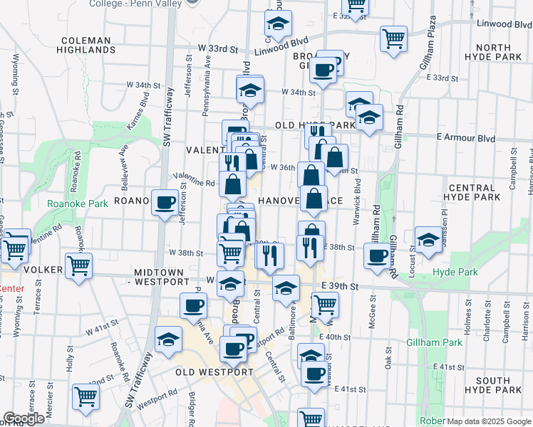 map of restaurants, bars, coffee shops, grocery stores, and more near 219 West 37th Street in Kansas City