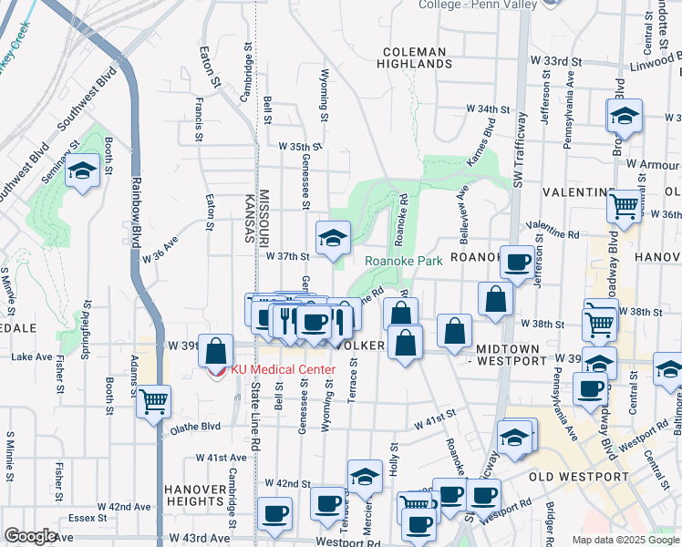 map of restaurants, bars, coffee shops, grocery stores, and more near 3719 Wyoming Street in Kansas City