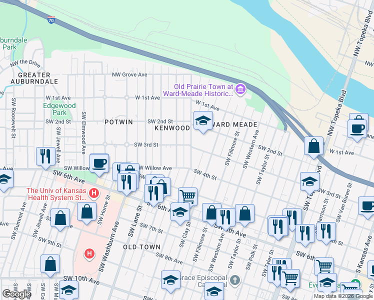 map of restaurants, bars, coffee shops, grocery stores, and more near 1201 Southwest 3rd Street in Topeka