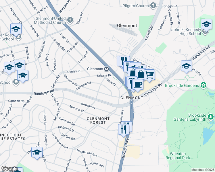 map of restaurants, bars, coffee shops, grocery stores, and more near 2617 Terrapin Road in Silver Spring