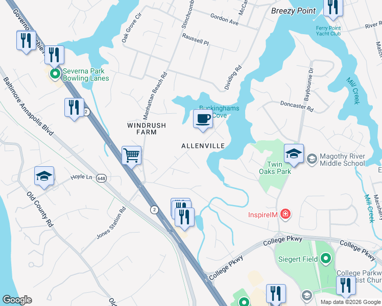map of restaurants, bars, coffee shops, grocery stores, and more near 766 Dividing Creek Rd in Arnold