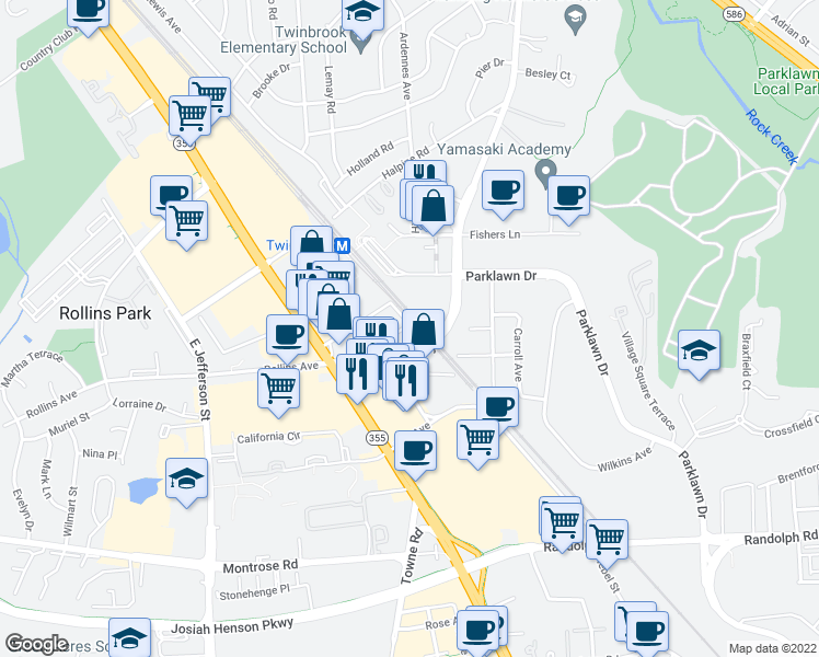 map of restaurants, bars, coffee shops, grocery stores, and more near 872 Thompson Crescent in Rockville