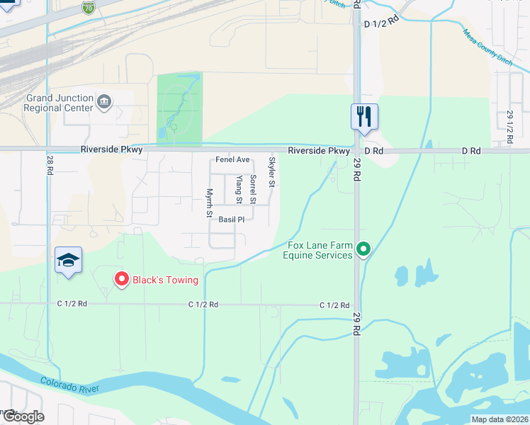 map of restaurants, bars, coffee shops, grocery stores, and more near 381 Skyler Street in Grand Junction