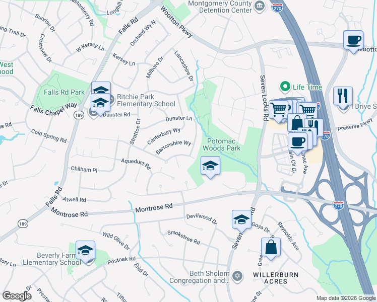 map of restaurants, bars, coffee shops, grocery stores, and more near 2295 Dunster Lane in Rockville