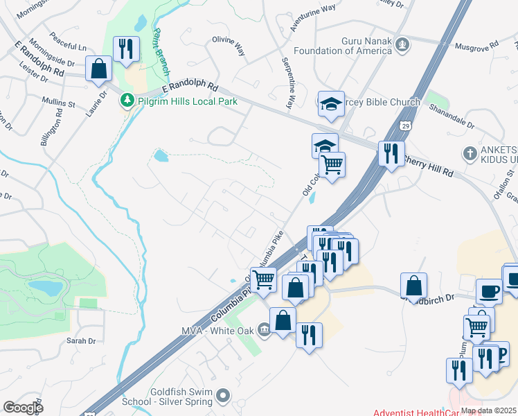 map of restaurants, bars, coffee shops, grocery stores, and more near 12401 Carters Grove Place in Silver Spring
