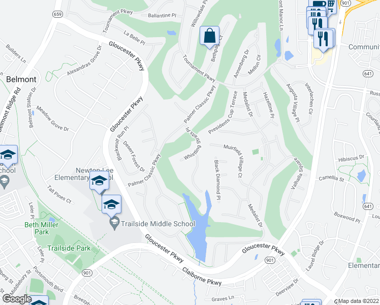 map of restaurants, bars, coffee shops, grocery stores, and more near 20105 Whistling Straits Place in Ashburn