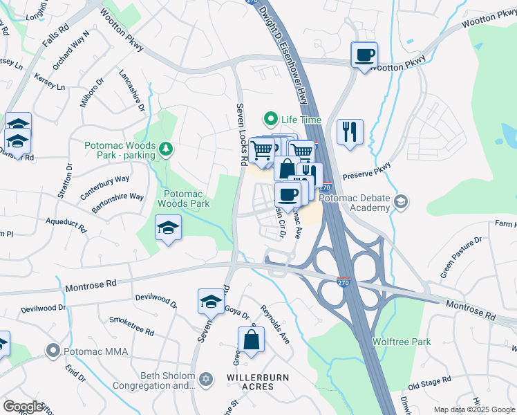 map of restaurants, bars, coffee shops, grocery stores, and more near 7821 Cadbury Avenue in Potomac