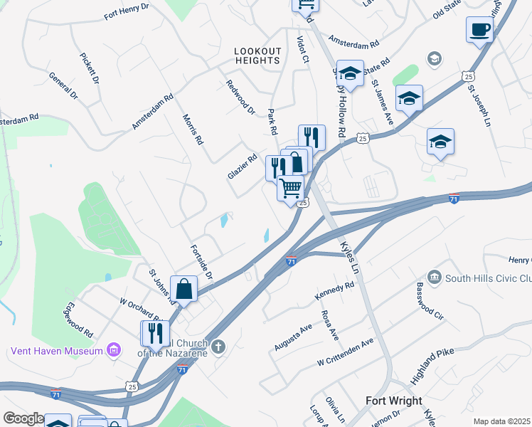 map of restaurants, bars, coffee shops, grocery stores, and more near 1850 Dixie Highway in Fort Wright