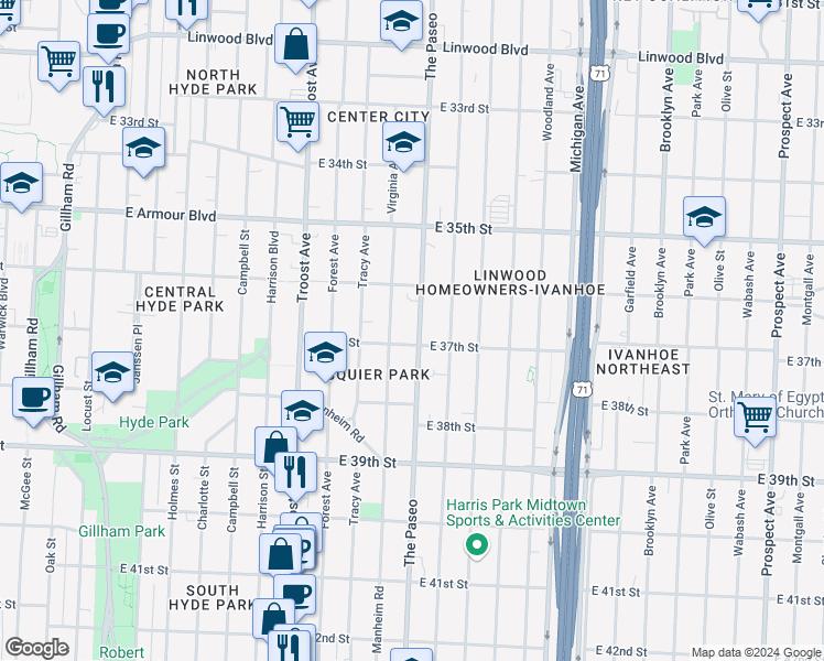 map of restaurants, bars, coffee shops, grocery stores, and more near 3636 The Paseo in Kansas City