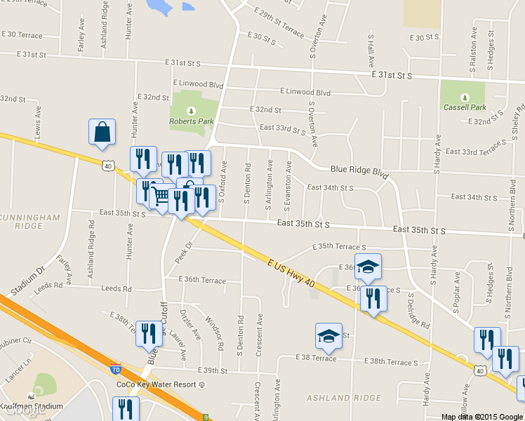 map of restaurants, bars, coffee shops, grocery stores, and more near 3428 South Arlington Avenue in Independence