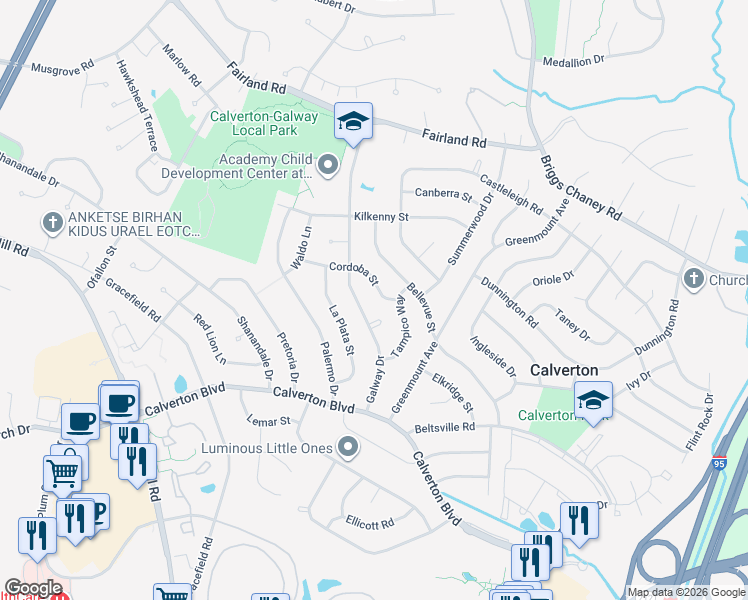 map of restaurants, bars, coffee shops, grocery stores, and more near 3217 Cordoba Street in Silver Spring
