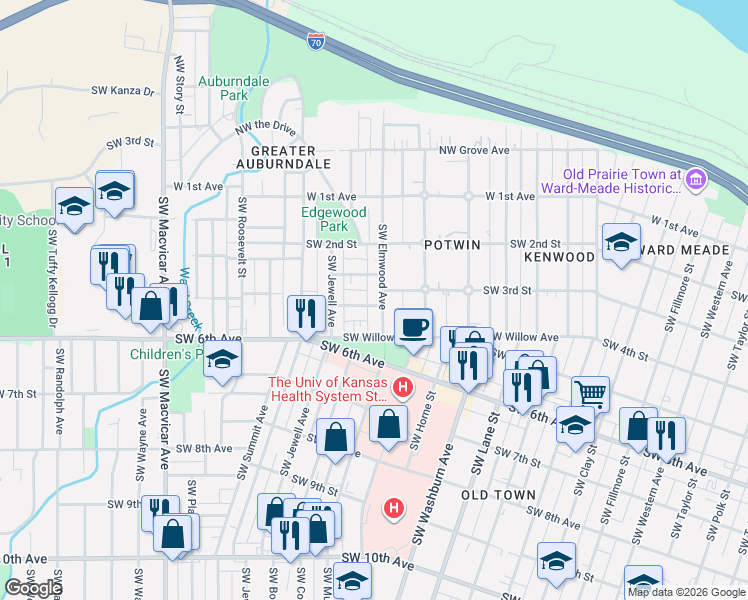 map of restaurants, bars, coffee shops, grocery stores, and more near 351 SW Elmwood Ave in Topeka