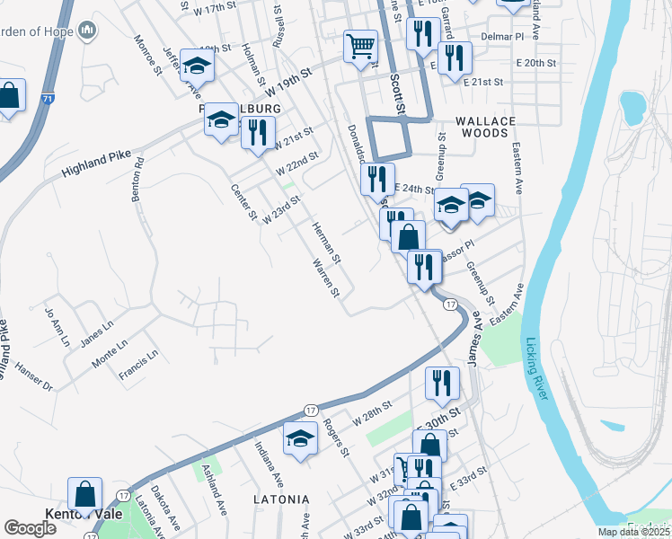 map of restaurants, bars, coffee shops, grocery stores, and more near 2503 Herman St in Covington