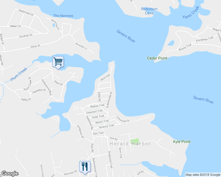 map of restaurants, bars, coffee shops, grocery stores, and more near 726 North Riverside Drive in Crownsville
