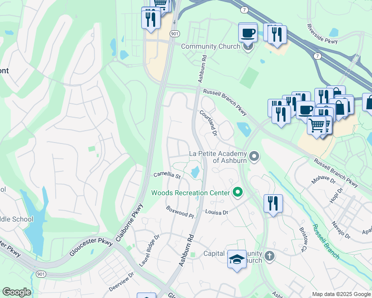 map of restaurants, bars, coffee shops, grocery stores, and more near 43893 Arborvitae Drive in Ashburn