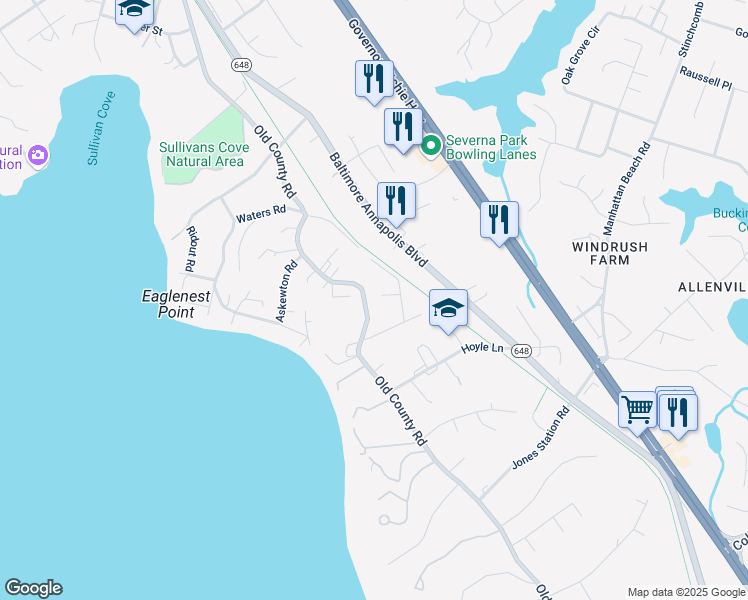 map of restaurants, bars, coffee shops, grocery stores, and more near 91 Severn Place in Severna Park