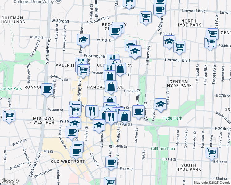 map of restaurants, bars, coffee shops, grocery stores, and more near 3701 Main Street in Kansas City