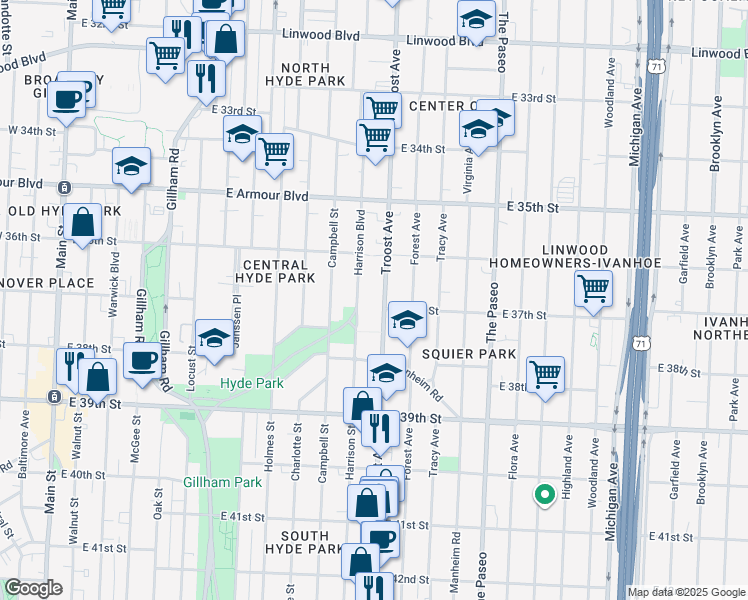 map of restaurants, bars, coffee shops, grocery stores, and more near 3636 Troost Avenue in Kansas City