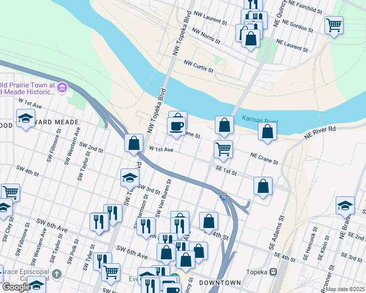 map of restaurants, bars, coffee shops, grocery stores, and more near 132 Northwest Van Buren Street in Topeka