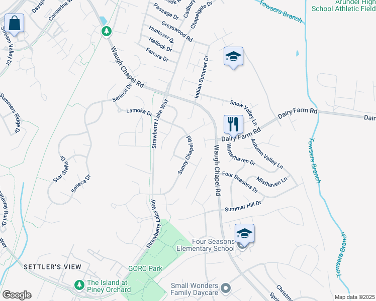 map of restaurants, bars, coffee shops, grocery stores, and more near 818 Sunny Chapel Road in Odenton