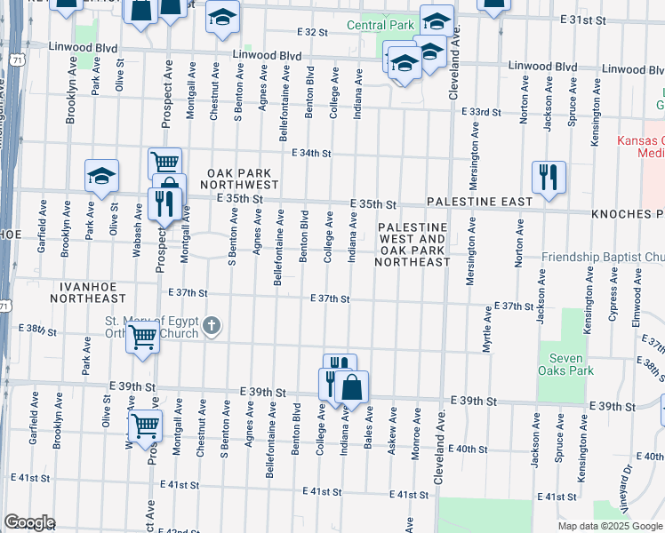 map of restaurants, bars, coffee shops, grocery stores, and more near 3617 College Avenue in Kansas City