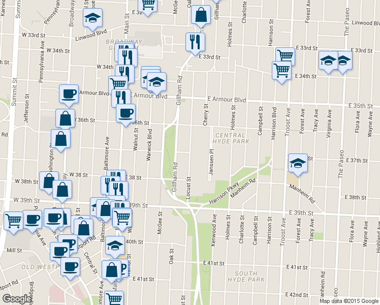 map of restaurants, bars, coffee shops, grocery stores, and more near Locust St & E 37 St in Kansas City