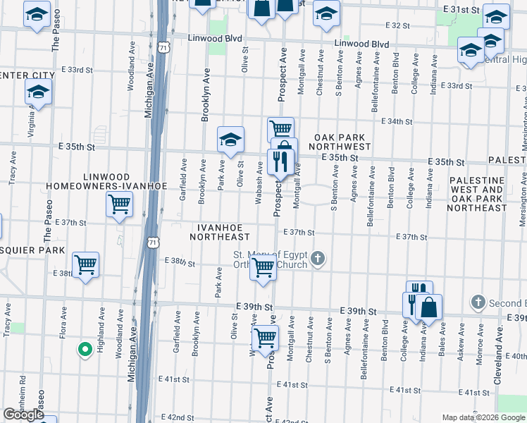 map of restaurants, bars, coffee shops, grocery stores, and more near 3629 Wabash Avenue in Kansas City